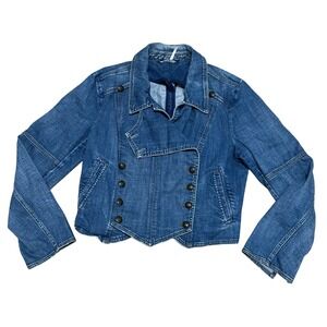 VTG Free People Denim Military Band Jacket Double Breasted Cropped Women's Lg